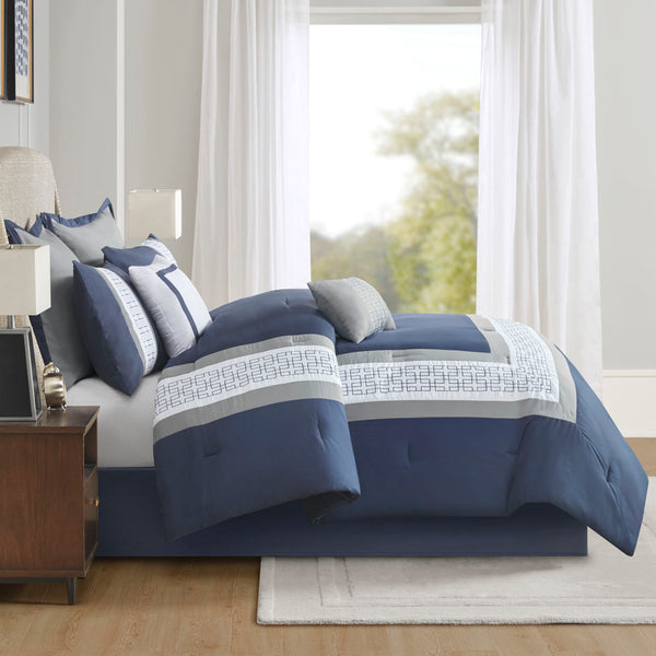 English Elm 8 Piece Embroidered Comforter Set In Navy - Luxurious Queen Bedding With Shams & Decorative Pillows B03594954