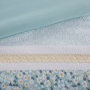 English Elm Full/Queen Seersucker Comforter Set 5-Piece Floral Lace Trim Bedding with Hypoallergenic, Antimicrobial Fill B035128848