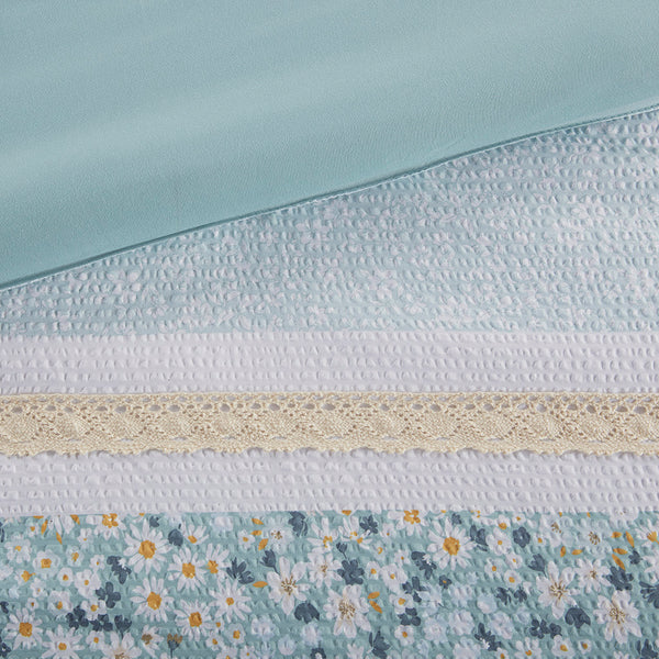 English Elm King/Cal King Seersucker Comforter Set 5-Piece Floral Lace Trimmed Shabby Chic Aqua Bedding Ensemble B035128847