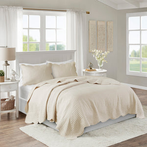 English Elm 3 Piece Reversible Scalloped Edge Quilt Set with Cotton Fill Microfiber Face Antimicrobial Freshness Protection for Full/Queen Bedding Chic Farmhouse Elegance Cream 17.72 L x 15.35 W x 6.3 H B03597385