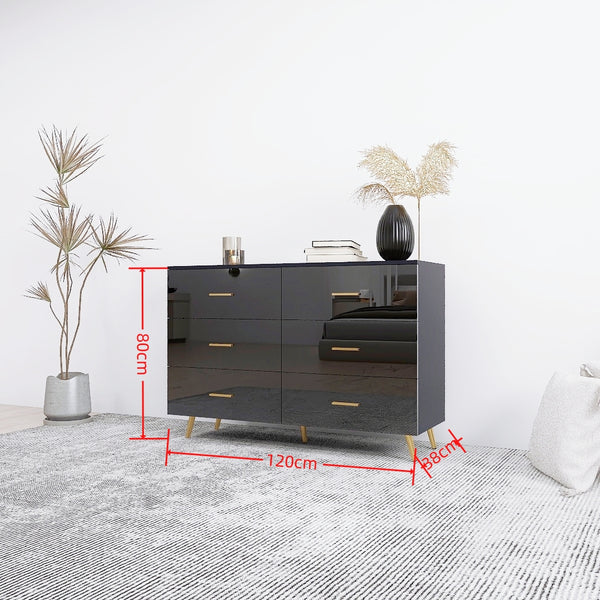 English Elm High Glossy 6-Drawer Chest with Golden Handles and Steel Legs — Spacious Storage, Modern Vanity Design Black W2139134916