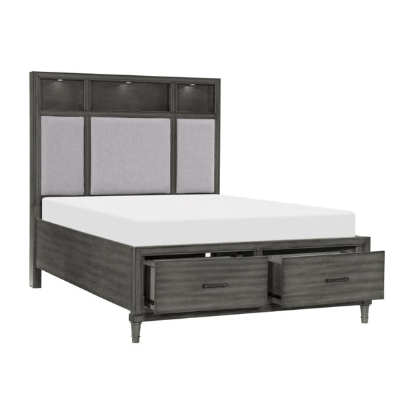 English Elm Gray Queen Platform Bed with Led Shelves Usb Ports Storage Drawers Upholstered Headboard B011S00657