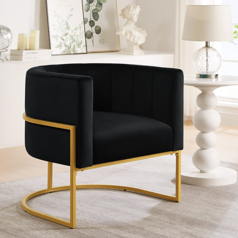 English Elm Upholstered Velvet Accent Chair with Gold Iron Base Mid-century Modern Lounge Seat W2186137441