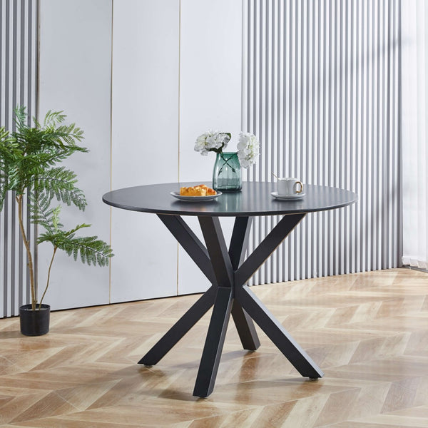 English Elm 42.1"black Round Mdf Dining Table Seats Six with Cross Leg Pedestal Mid-century Base W234P143405