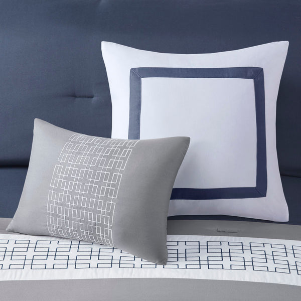 English Elm 8 Piece Embroidered Comforter Set In Navy - Luxurious Queen Bedding With Shams & Decorative Pillows B03594954