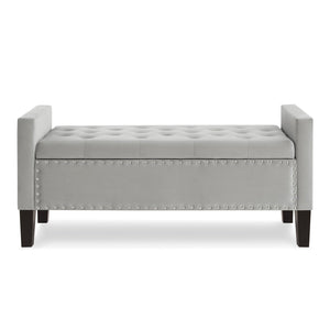 English Elm Upholstered Velvet Storage Bench Tufted Seat Nailhead Trim Armrests Entryway Bedroom Gray W2186139087
