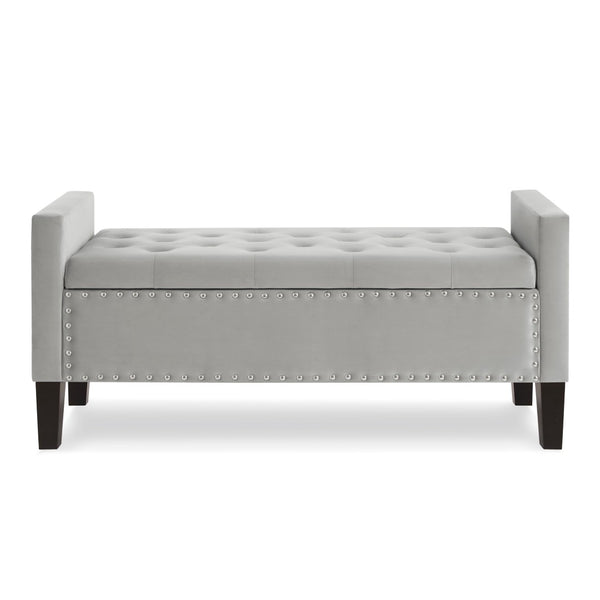English Elm Upholstered Velvet Storage Bench Tufted Seat Nailhead Trim Armrests Entryway Bedroom Gray W2186139087