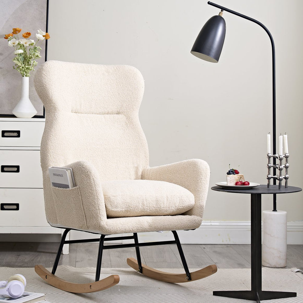 English Elm Modern Rocking Chair High Back Ergonomic Teddy Fabric Arm Rocker with Adjustable Headrest, 300LB Capacity and Durable Metal Frame for Living Room Comfort and Relaxation W244134105