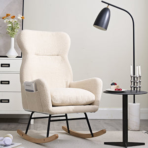 English Elm Modern Rocking Chair High Back Ergonomic Teddy Fabric Arm Rocker with Adjustable Headrest, 300LB Capacity and Durable Metal Frame for Living Room Comfort and Relaxation W244134105