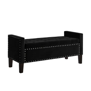 English Elm Upholstered Velvet Storage Bench Tufted Seat Nailhead Trim Armrests Entryway Bedroom Black W2186139086