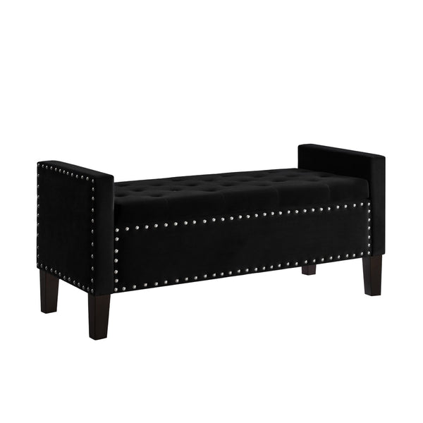 English Elm Upholstered Velvet Storage Bench Tufted Seat Nailhead Trim Armrests Entryway Bedroom Black W2186139086