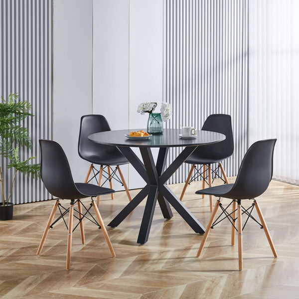 English Elm 42.1"black Round Mdf Dining Table Seats Six with Cross Leg Pedestal Mid-century Base W234P143405