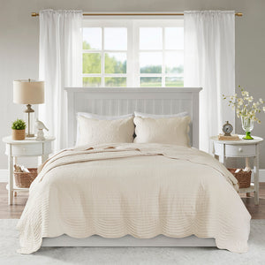 English Elm 3 Piece Reversible Scalloped Edge Quilt Set with Cotton Fill Microfiber Face Antimicrobial Freshness Protection for Full/Queen Bedding Chic Farmhouse Elegance Cream 17.72 L x 15.35 W x 6.3 H B03597385
