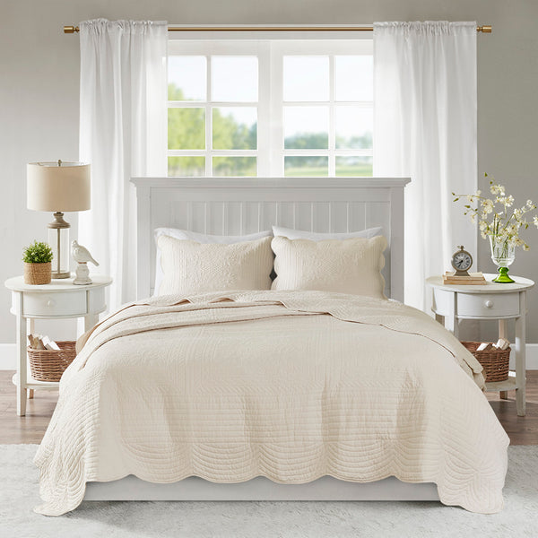 English Elm 3 Piece Reversible Scalloped Edge Quilt Set with Cotton Fill Microfiber Face Antimicrobial Freshness Protection for Full/Queen Bedding Chic Farmhouse Elegance Cream 17.72 L x 15.35 W x 6.3 H B03597385