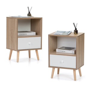 English Elm Mid-Century Natural White Nightstand Set of 2 with Drawer & Shelf, Compact 15.8"L x 23.6"H Tables W2181P147509