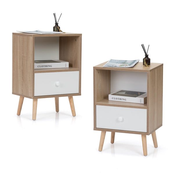 English Elm Mid-Century Natural White Nightstand Set of 2 with Drawer & Shelf, Compact 15.8"L x 23.6"H Tables W2181P147509