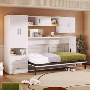 English Elm Twin Murphy Bed with Shelves Drawers Wardrobe & Fold-Down Desk White — Space-Saving Modern Guest Solution GX002022AAK