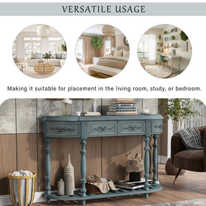 English Elm U_style Curved Console Table with Roman Legs Four Drawers Open Shelf Entryway Accent Antique Blue N711P186862C