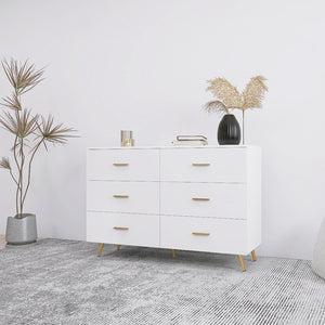 English Elm High Glossy 6-Drawer Chest with Golden Handles and Steel Legs — Spacious Storage, Modern Vanity Design White W2139134915
