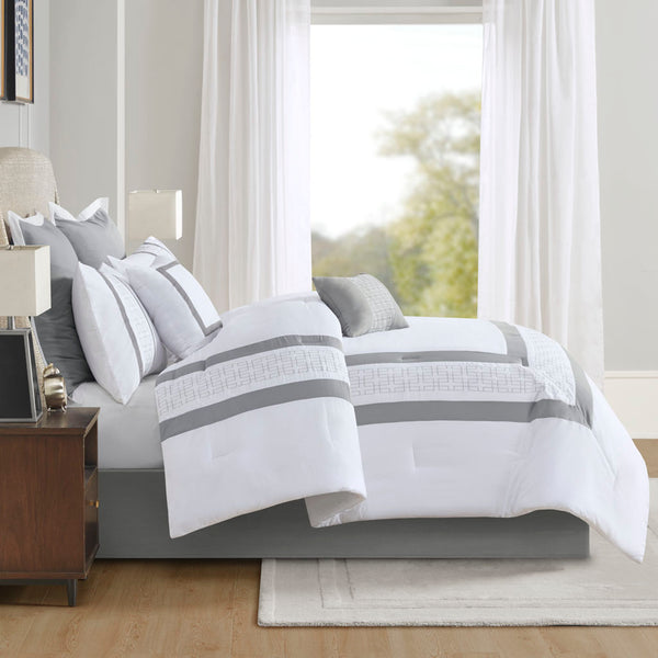 English Elm 8 Powell Embroidered Comforter Set Cal King — Hotel-Style Pieced Border, Hypoallergenic Fill, Machine Washable White 19.68 L x 12.6 W x 12.6 H B03594958