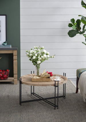 English Elm D32" Solid Fir Wood Round Coffee Table with Iron Pin Legs for Farmhouse Living Rooms W2078P147520
