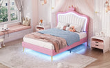 English Elm Twin Size Upholstered Bed Frame With Led Lights, Modern Upholstered Princess Bed With Crown Headboard,White+Pink