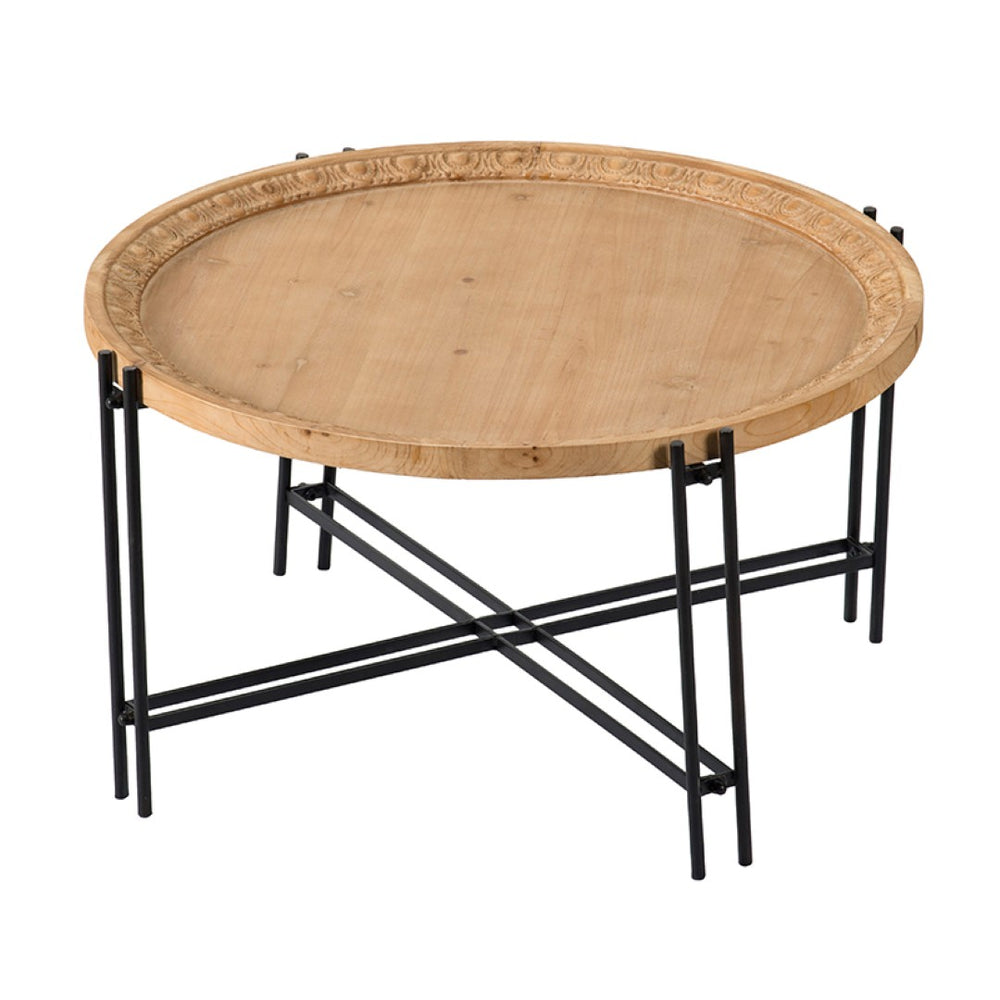 English Elm D32" Solid Fir Wood Round Coffee Table with Iron Pin Legs for Farmhouse Living Rooms W2078P147520