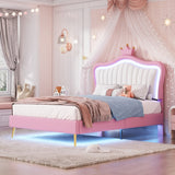 English Elm Twin Size Upholstered Bed Frame With Led Lights, Modern Upholstered Princess Bed With Crown Headboard,White+Pink