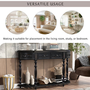 English Elm U_style Curved Console Table with Roman Legs Four Drawers Open Shelf Entryway Accent Black N711P186862B