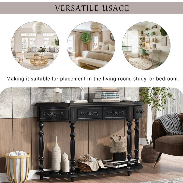 English Elm U_style Curved Console Table with Roman Legs Four Drawers Open Shelf Entryway Accent Black N711P186862B