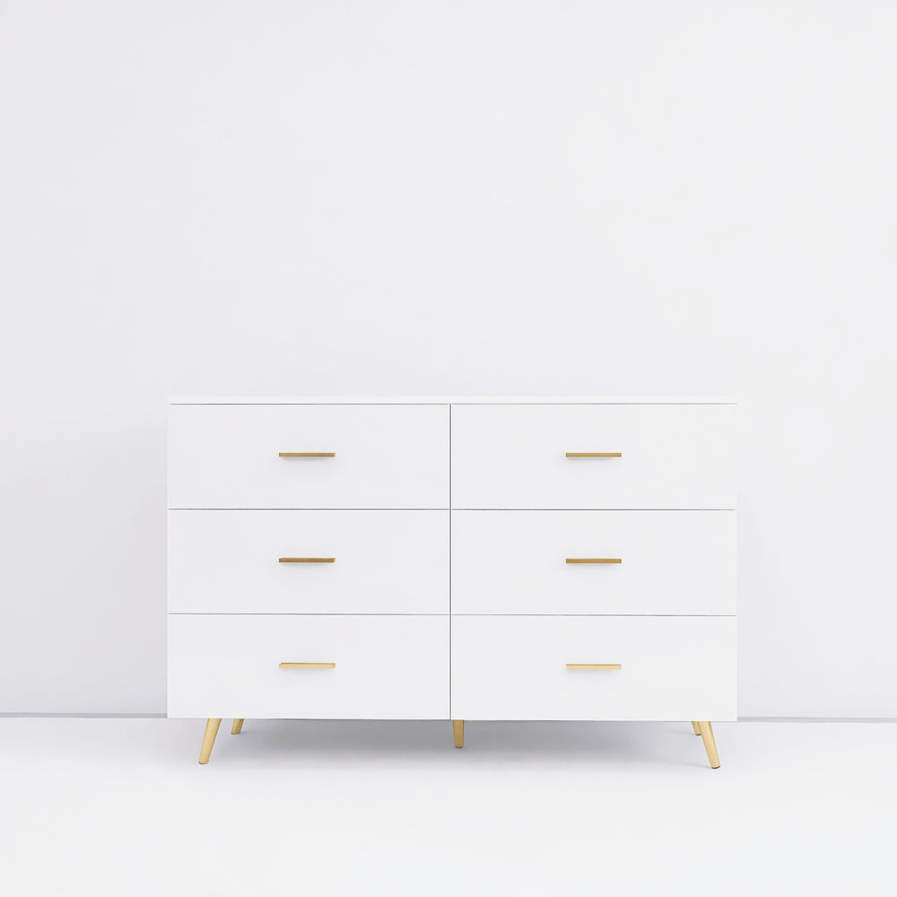 English Elm High Glossy 6-Drawer Chest with Golden Handles and Steel Legs — Spacious Storage, Modern Vanity Design White W2139134915