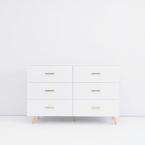 English Elm High Glossy 6-Drawer Chest with Golden Handles and Steel Legs — Spacious Storage, Modern Vanity Design White W2139134915