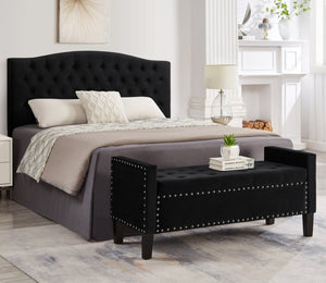 English Elm Upholstered Velvet Storage Bench Tufted Seat Nailhead Trim Armrests Entryway Bedroom Black W2186139086