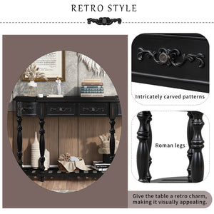 English Elm U_style Curved Console Table with Roman Legs Four Drawers Open Shelf Entryway Accent Black N711P186862B