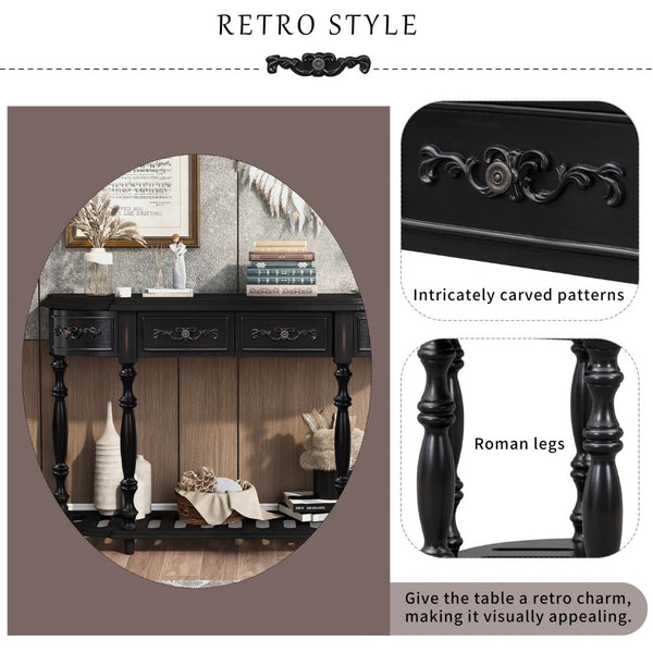 English Elm U_style Curved Console Table with Roman Legs Four Drawers Open Shelf Entryway Accent Black N711P186862B