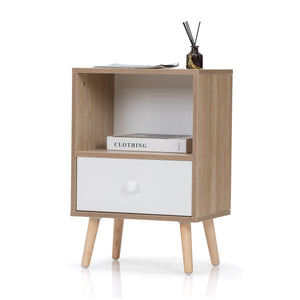 English Elm Mid-Century Natural White Nightstand Set of 2 with Drawer & Shelf, Compact 15.8"L x 23.6"H Tables W2181P147509