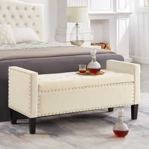 English Elm Upholstered Velvet Storage Bench Tufted Seat Nailhead Trim Armrests Entryway Bedroom Cream W2186139089