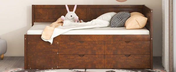 English Elm Twin Walnut Daybed with Pull Out Drawers and Open Shelves for Small Bedrooms LP002022AAD