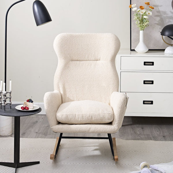 English Elm Modern Rocking Chair High Back Ergonomic Teddy Fabric Arm Rocker with Adjustable Headrest, 300LB Capacity and Durable Metal Frame for Living Room Comfort and Relaxation W244134105