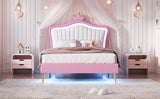 English Elm Twin Size Upholstered Bed Frame With Led Lights, Modern Upholstered Princess Bed With Crown Headboard,White+Pink