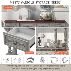 English Elm U_style Curved Console Table with Roman Legs Four Drawers Open Shelf Entryway Accent Antique Grey N711P186862E