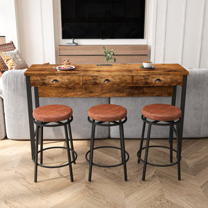 English Elm 3-Drawer Long Dining Table Set with Power Outlets, Swivel PU Stools, Shell Handles & Storage Elegance Brown W757134229