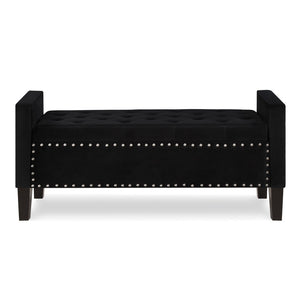 English Elm Upholstered Velvet Storage Bench Tufted Seat Nailhead Trim Armrests Entryway Bedroom Black W2186139086