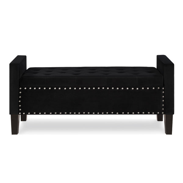 English Elm Upholstered Velvet Storage Bench Tufted Seat Nailhead Trim Armrests Entryway Bedroom Black W2186139086