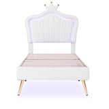 English Elm Twin Size Upholstered Bed Frame With Led Lights, Modern Upholstered Princess Bed With Crown Headboard,White