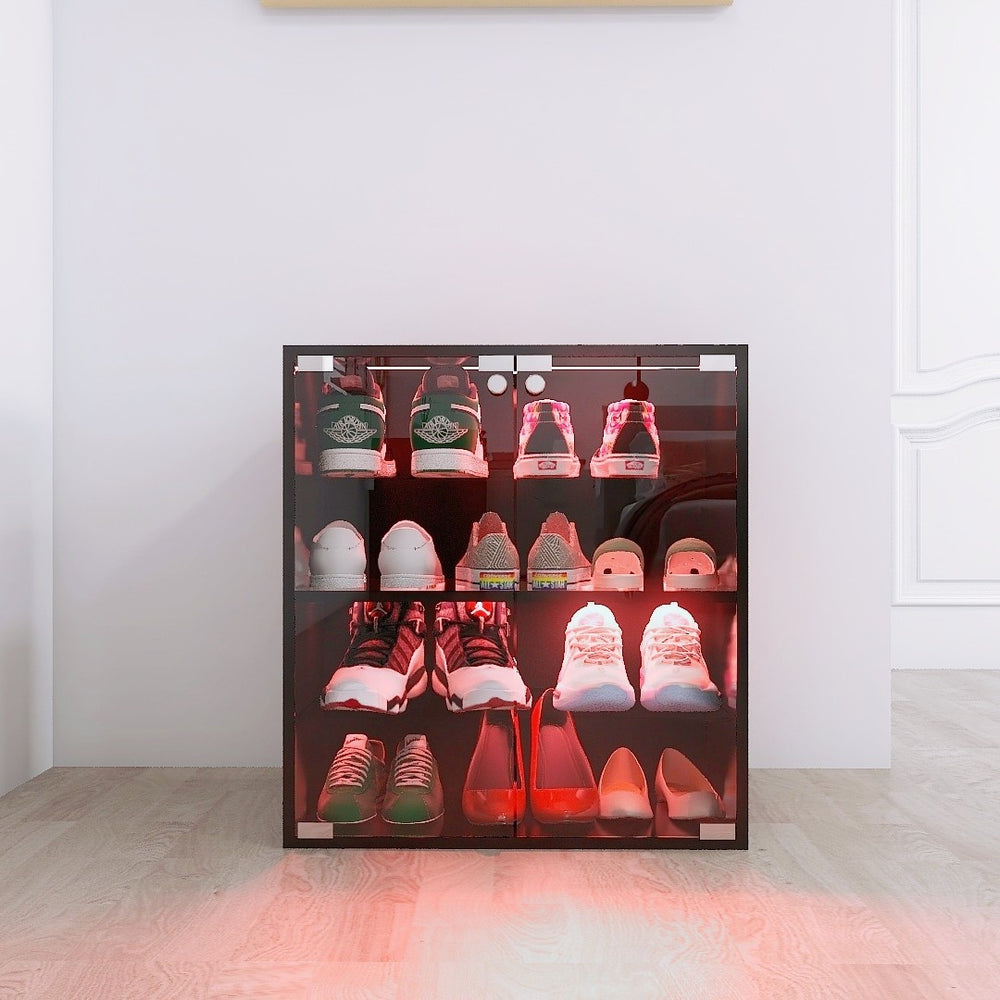 English Elm 4 Tier Glass Front Shoe Cabinet with Led Lighting Bluetooth Control Entryway Storage W2139134910