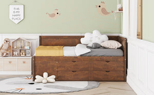 English Elm Full Size Walnut Daybed with Built-in Drawers Open Shelves for Modern Bedrooms LP002023AAD