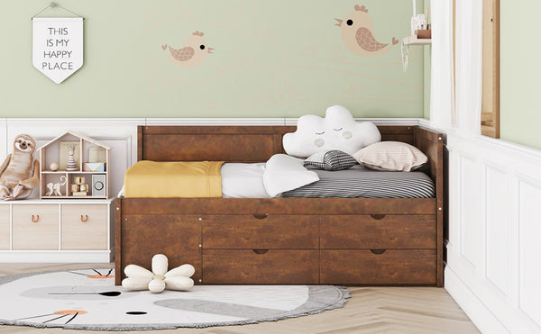 English Elm Full Size Walnut Daybed with Built-in Drawers Open Shelves for Modern Bedrooms LP002023AAD