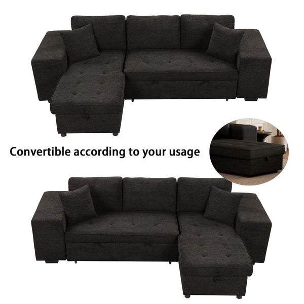 English Elm 104.5" Reversible L-shaped Sectional Sleeper Sofa with Storage Chaise and Linen Chenille Fabric Charcoal Grey SG000432AAN