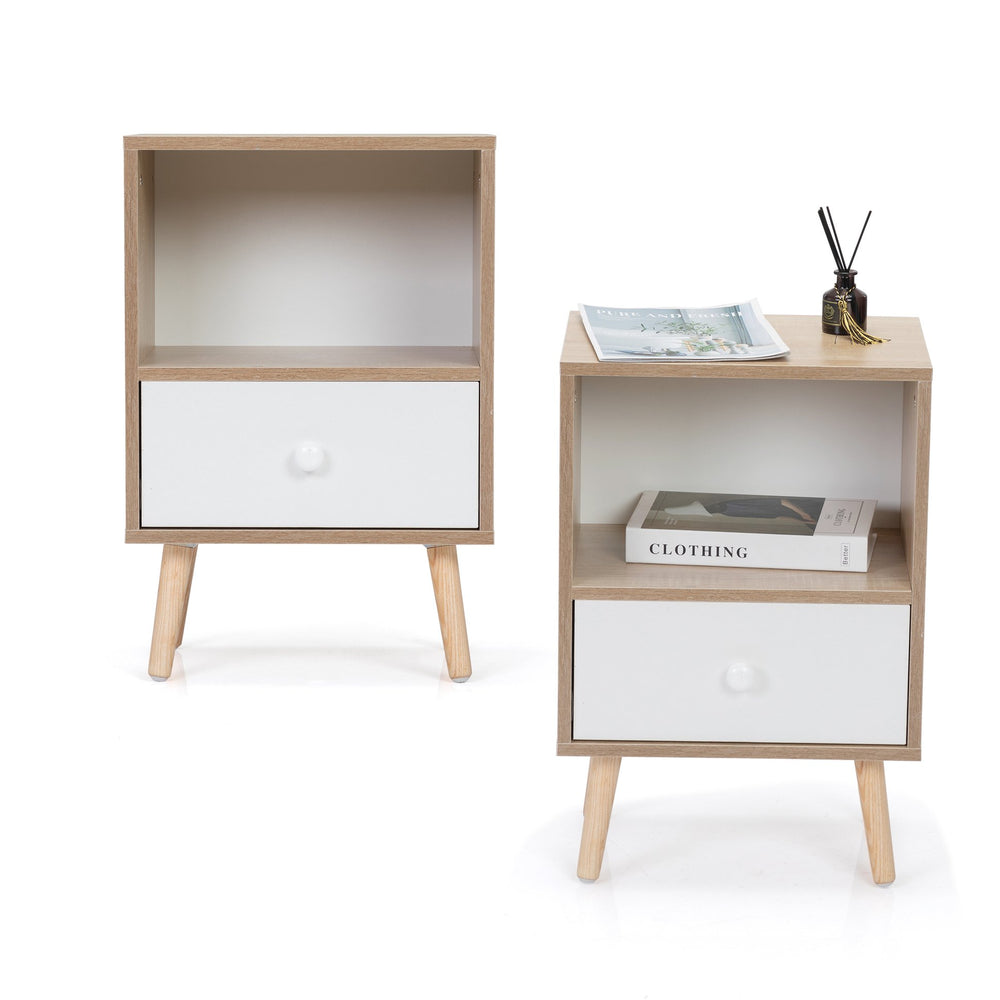 English Elm Mid-Century Natural White Nightstand Set of 2 with Drawer & Shelf, Compact 15.8"L x 23.6"H Tables W2181P147509